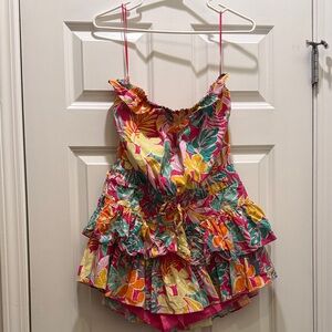 Hausen Multicolor Printed Strapless Romper - Pink, Green, Yellow